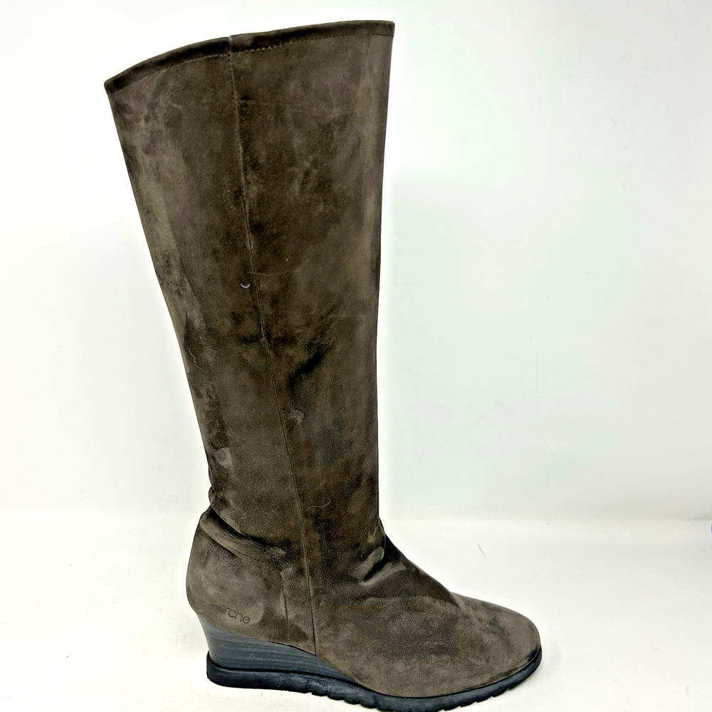 Arche Tall Boots EU 38 US 7 Knee High Brown Suede Wedge 2" Heels Zipper